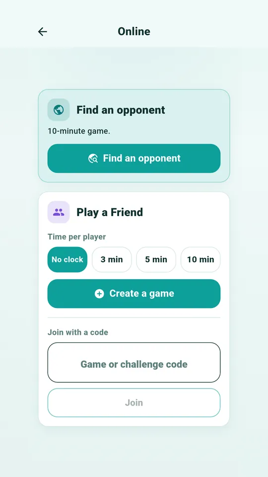 The online screen: find an opponent or play with a friend